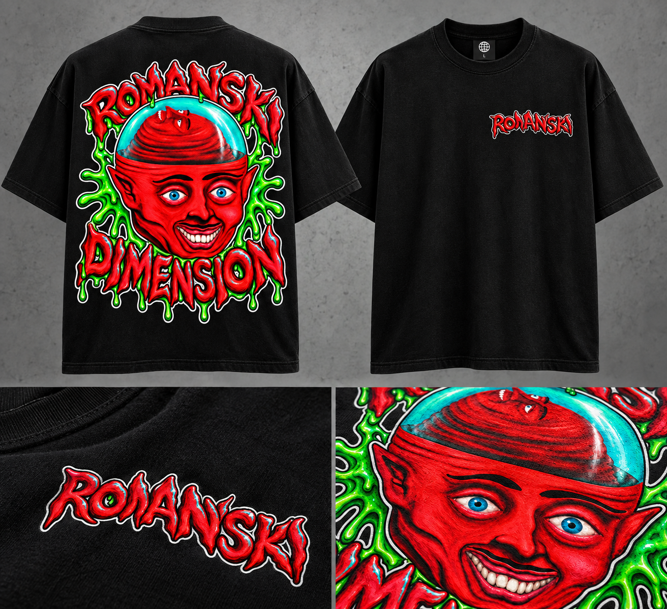 Camiseta negra Romanski Dimension con gráfico rojo y verde